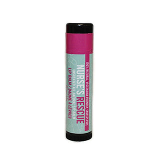 Lip balm with a pink cap and green label on a white background