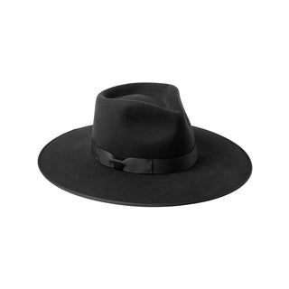 Black fedora hat with a wide brim on a white background