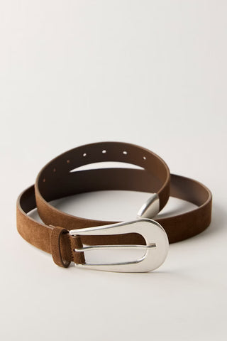 Brown belt with a silver buckle on a light gray background