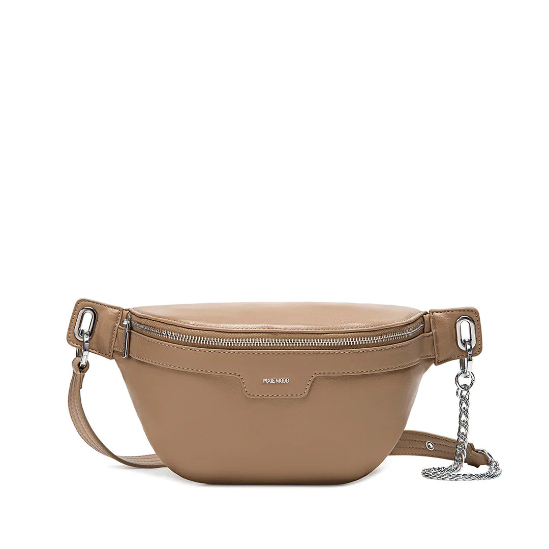 Beige fanny pack with a chain strap on a white background