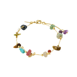 Multicolored beaded bracelet with gold chain on a white background