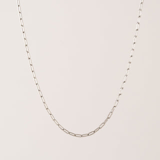 Silver chain necklace on a light pink background