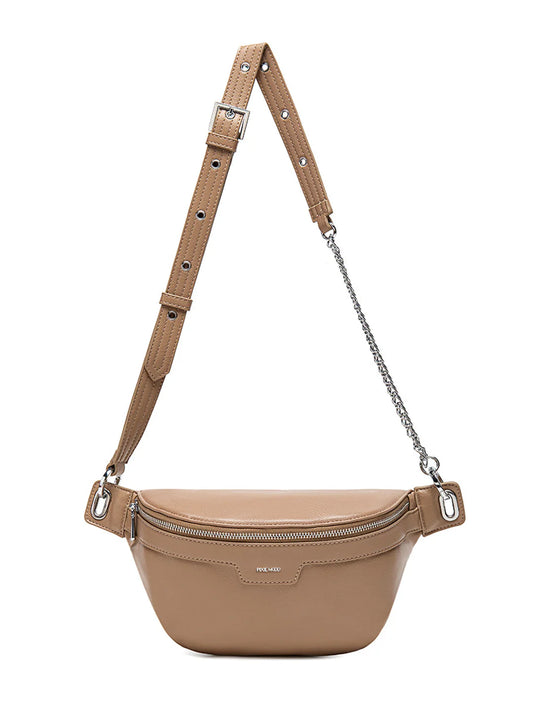 Beige waist bag with a brown strap on a white background