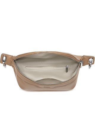 Beige waist bag with multiple zippers on a white background