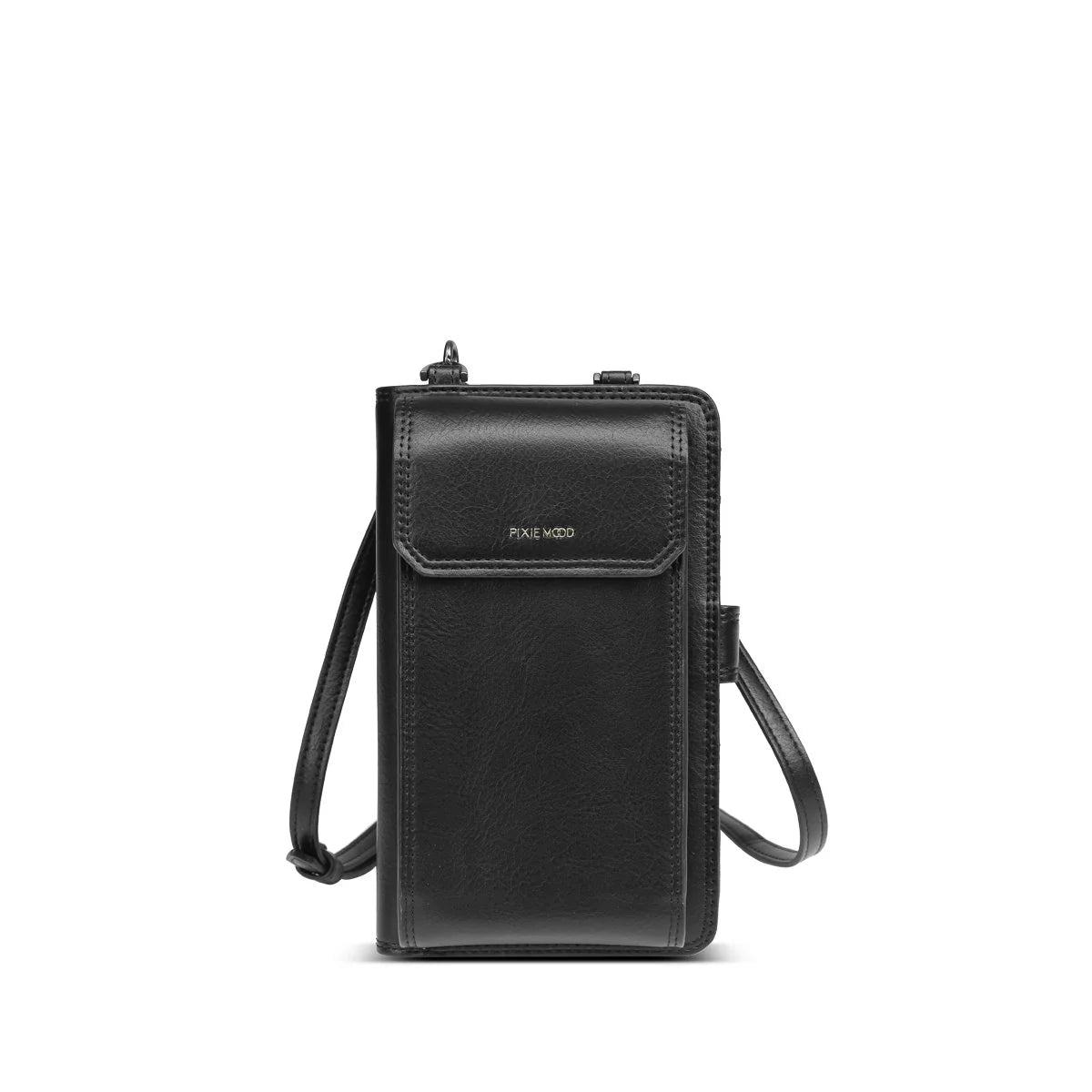 Black crossbody bag with a visible brand logo on a white background
