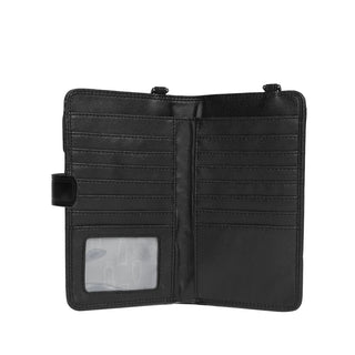 Black wallet with multiple compartments on a white background