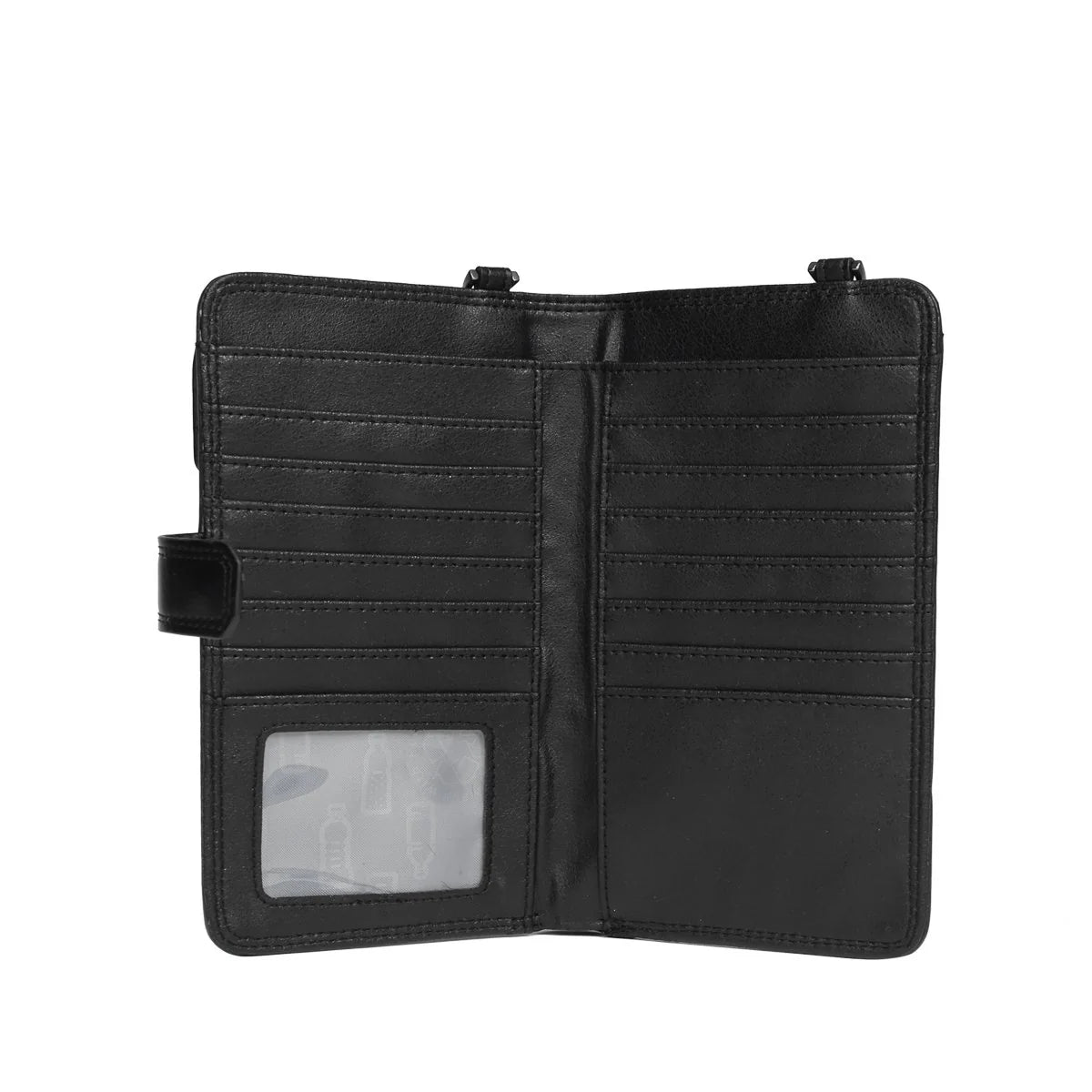 Black wallet with multiple compartments on a white background
