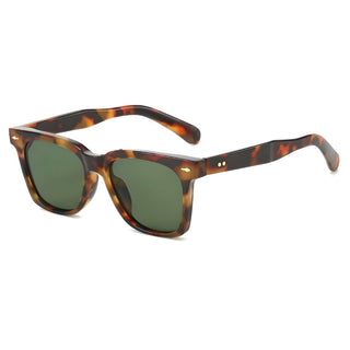 A pair of square-shaped tortoise-patterned sunglasses with green tinted lenses.
