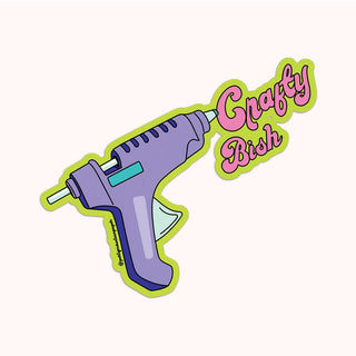 A sticker with the phrase "Crafty Bish"