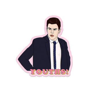 A sticker with the phrase "Youth's" and a photo of Schmidt from New Girl