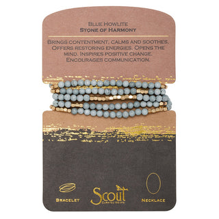 A howlite stone wrap bracelet and necklace on a cardboard display with the brand 'Scout' visible.