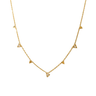 Gold necklace with triangle pendants on a white background