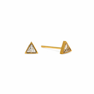 Gold triangle-shaped stud earrings with clear gemstones on a white background