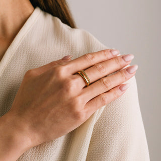 Hand wearing a gold ring on a neutral background