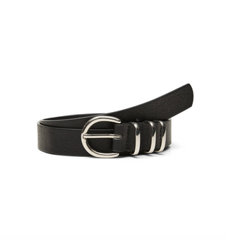 Black leather belt with silver buckle on a white background