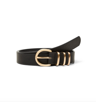 Black leather belt with a gold buckle on a white background