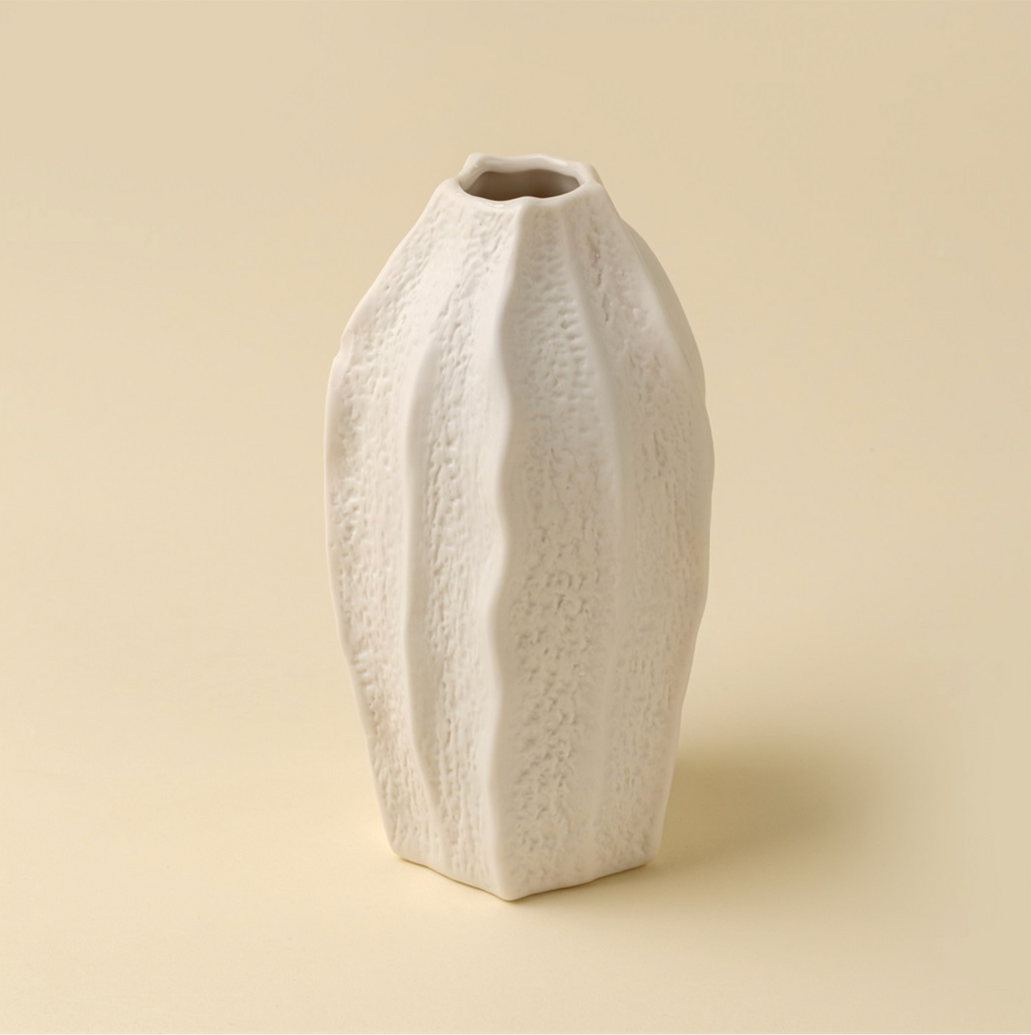 Textured white ceramic vase on a beige background