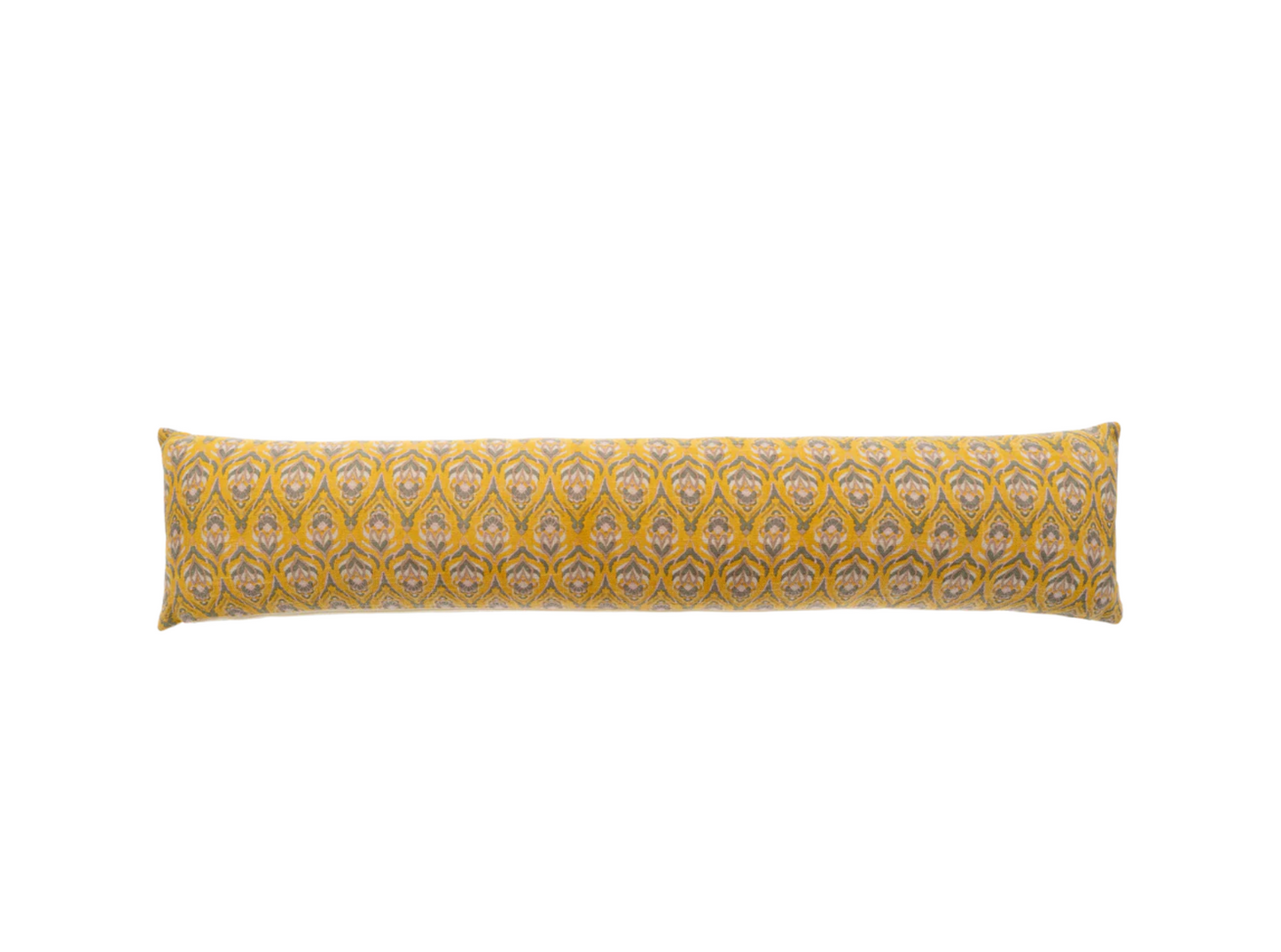 Long rectangular pillow with a yellow pattern on a white background