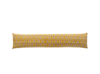 Long rectangular pillow with a yellow pattern on a white background