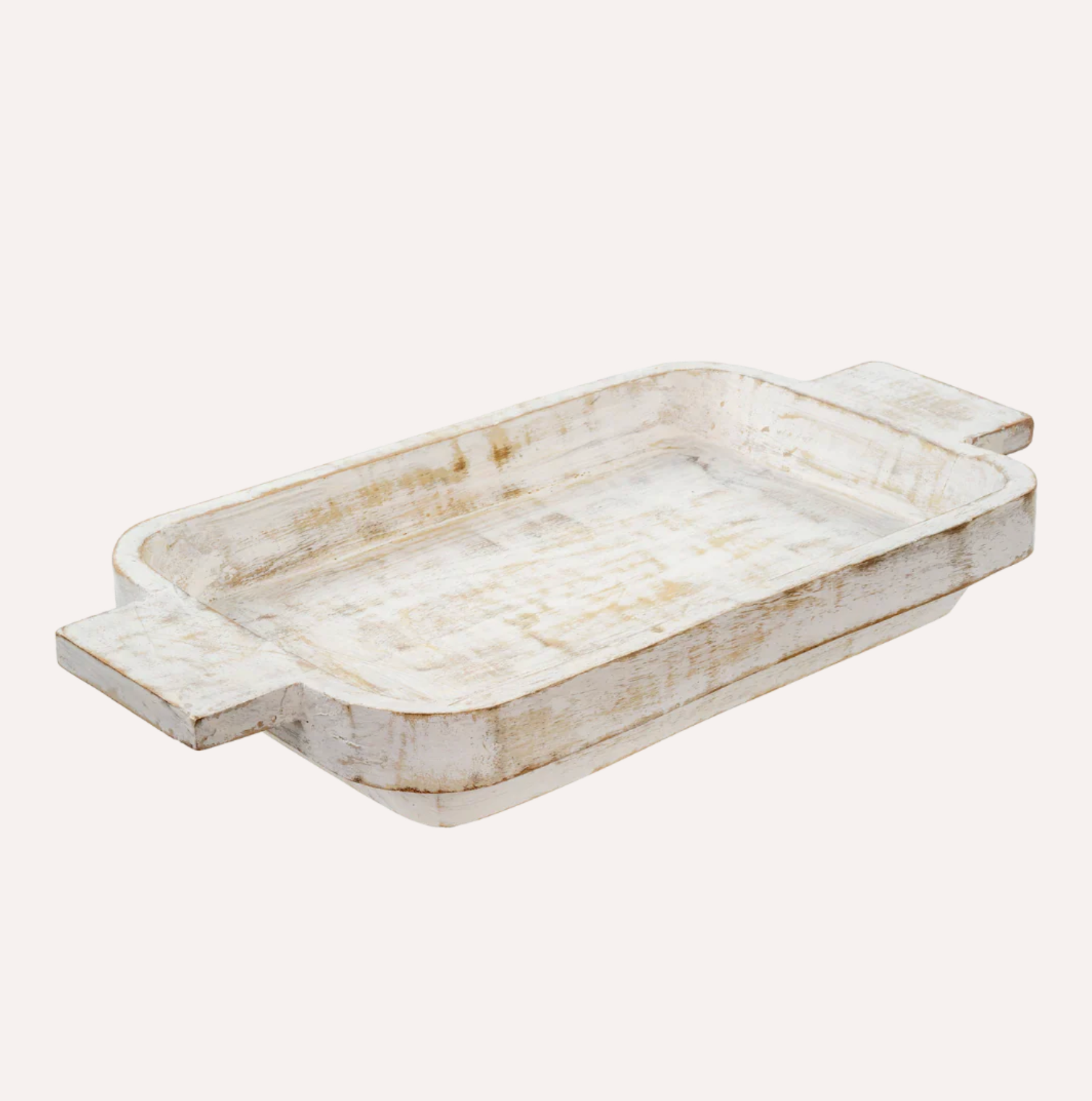Rectangular wooden tray with handles on a white background