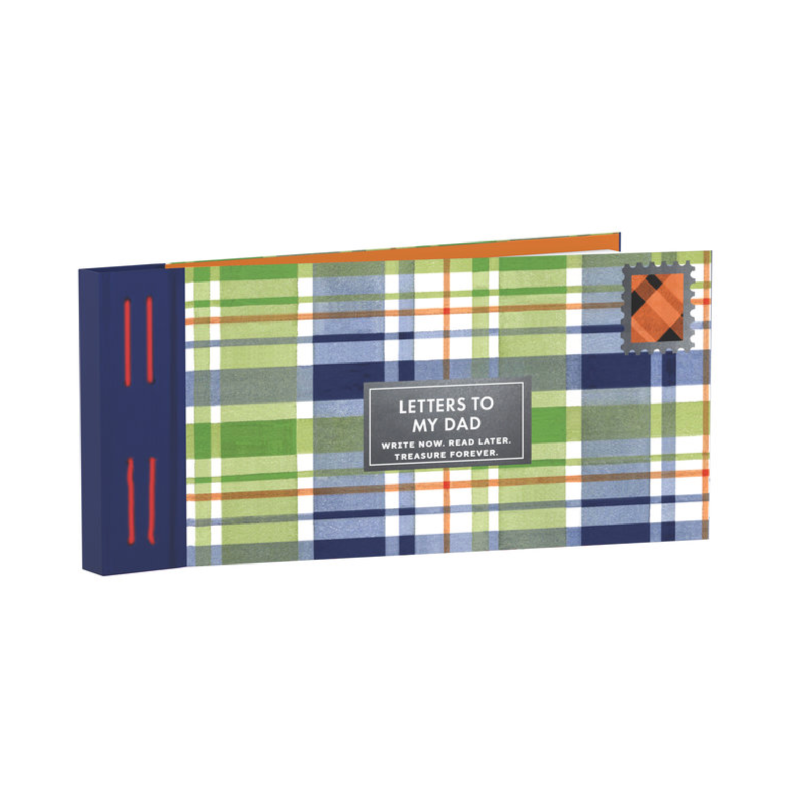 Plaid notebook with 'Letters to My Dad' text on a white background