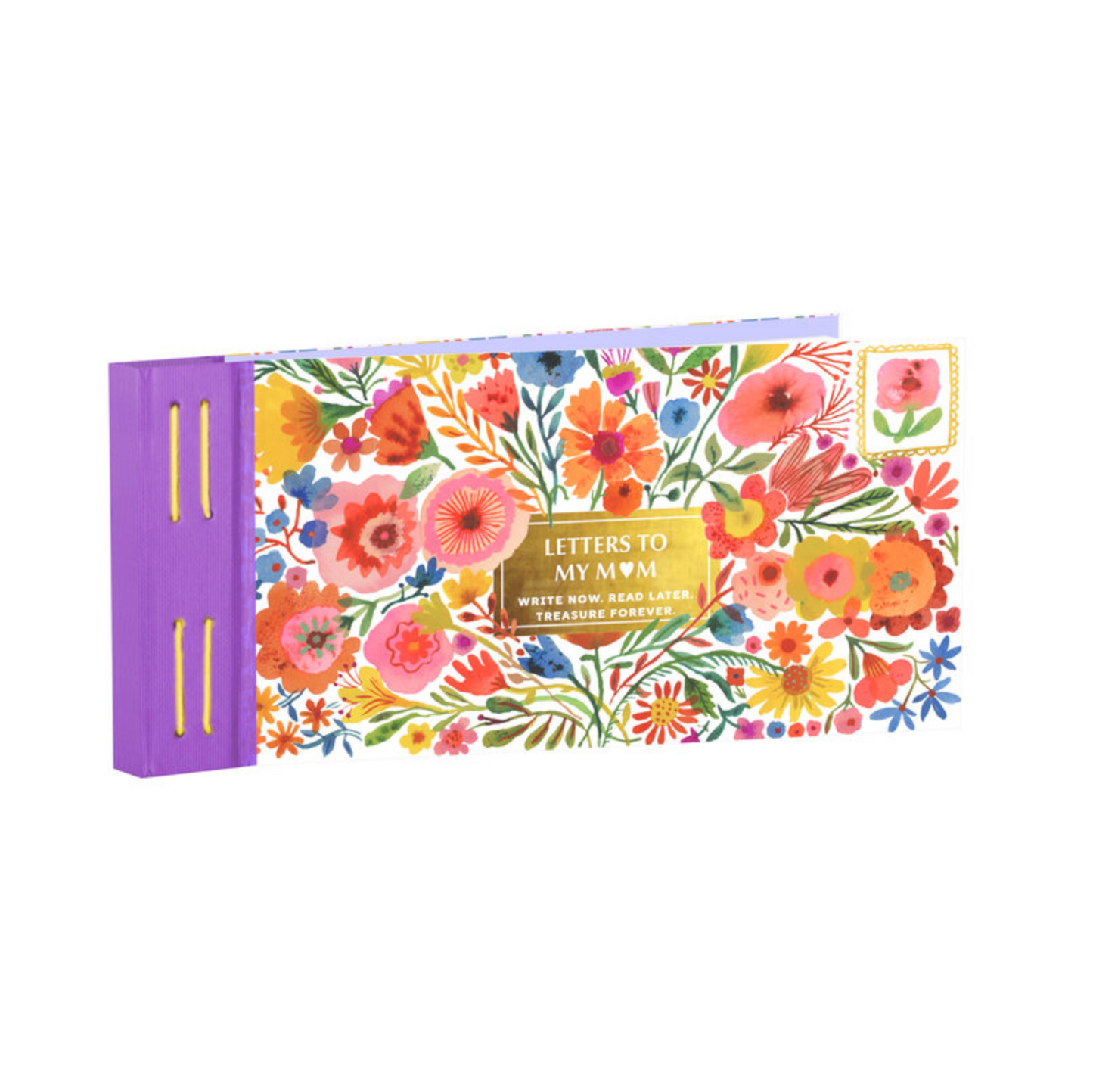 Floral notebook with a purple spine on a white background