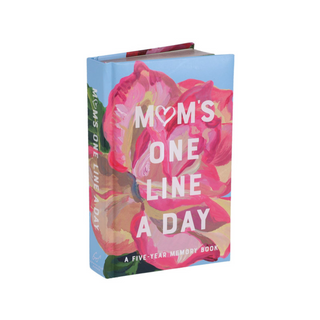Book titled 'Mom's One Line a Day' with floral design on a white background