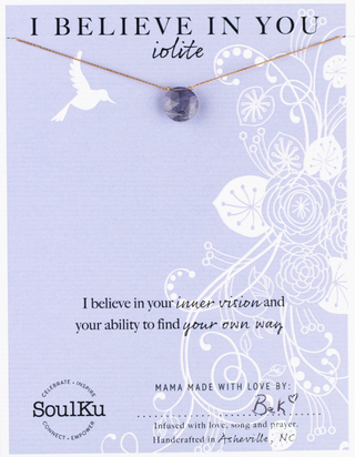 Necklace with iolite bead on a 'I Believe in You' card with decorative elements