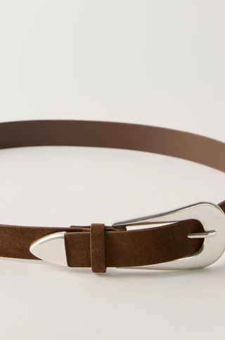 Brown belt with silver buckle on a light gray background