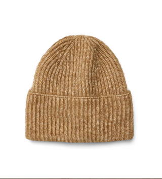 A classic ribbed knit beanie hat in a warm camel brown color, shown against a plain white background.