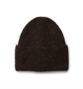 A dark brown fuzzy knit beanie hat, photographed flat against a solid white background.