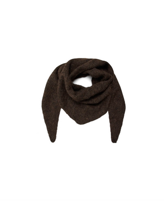 A dark brown textured knit scarf, styled in a loop with two pointed ends, displayed on a clean white background.