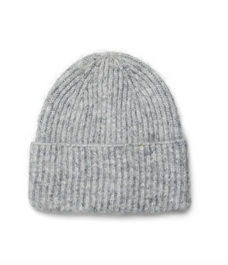 A light gray ribbed knit beanie hat, shown flat against a solid white background.