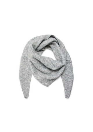 A light gray heathered knit scarf, styled in a loose knot, displayed against a solid white background.