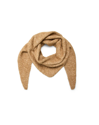 A camel-colored knit scarf with a textured, heathered weave, styled in a loose knot on a solid white background.