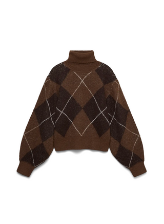 A brown argyle knit turtleneck sweater with balloon sleeves, shown from the back on a white background.