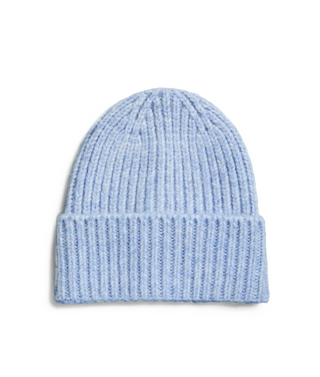 A light blue ribbed knit beanie hat, shown flat against a solid white background.