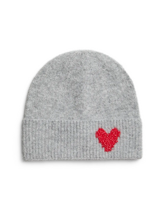 A light gray knit beanie hat featuring a small red heart motif on the front cuff, set against a plain white background.
