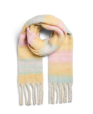 A soft, fuzzy striped scarf in pastel shades of yellow, pink, and mint green, finished with cream-colored fringe tassels at the ends, shown on a plain white background.