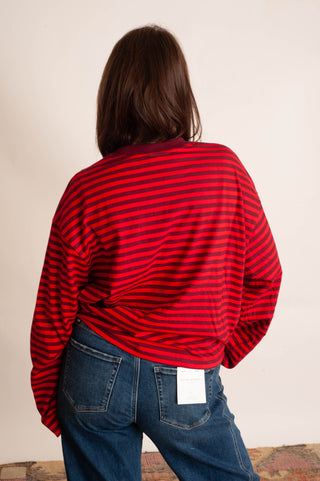 A person viewed from behind wearing a red and black horizontally striped long-sleeve top and blue jeans, standing against a plain light beige wall.