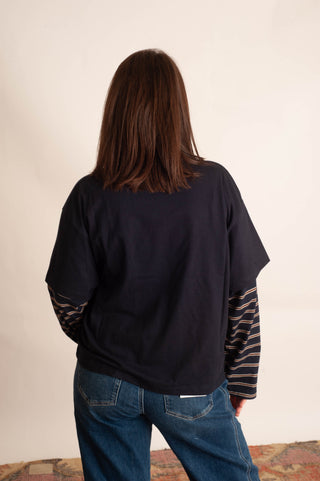 A person viewed from behind wearing a loose black short-sleeve top layered over a long-sleeve striped shirt with blue jeans, standing against a plain off-white wall.