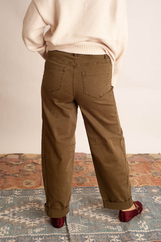 A person shown from the back wearing olive brown wide-leg pants, a cream sweater, and burgundy shoes, standing on a patterned rug against a plain wall.