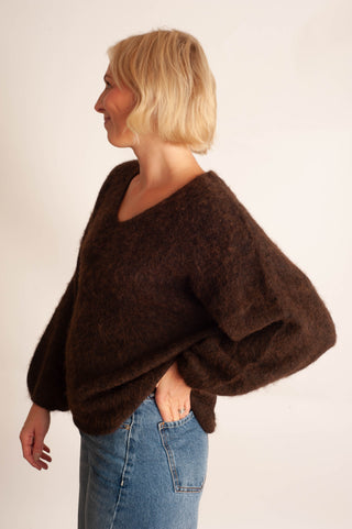 A woman with short blonde hair is shown in profile wearing a fuzzy, oversized dark brown sweater and blue jeans against a plain off-white background.