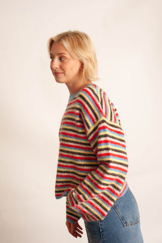 A woman with blonde hair is shown from the side, wearing a fuzzy, multi-colored striped sweater with blue jeans against a plain off-white background.