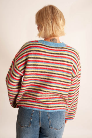 A person viewed from behind wearing a fuzzy striped sweater with horizontal bands of blue, red, brown, black, and cream, paired with blue jeans against a plain off-white background.