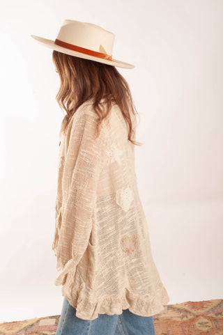 A woman shown from the back wearing a cream-colored textured bohemian cardigan, a cream wide-brim hat with a brown band, and blue jeans, standing against a plain white studio background.