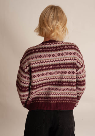 Women wearing a fair isle printed sweater against a neutral photo back drop.