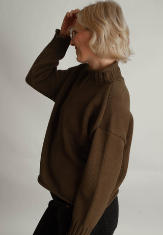 Women modelling a funnel neck sweater against a neutral photo back drop.