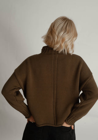 Women modelling a funnel neck sweater against a neutral photo back drop.