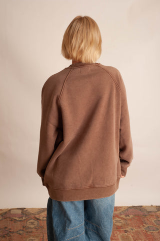 A person viewed from behind wearing an oversized brown crewneck sweatshirt and blue jeans, standing against a plain light beige wall with a patterned rug visible at the bottom.
